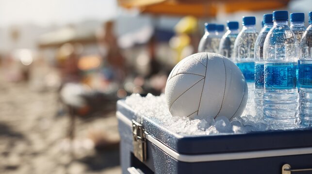 Shot of a volleyball resting against a cooler filled with water bottles and ice, summer beach mood - Powered by Adobe