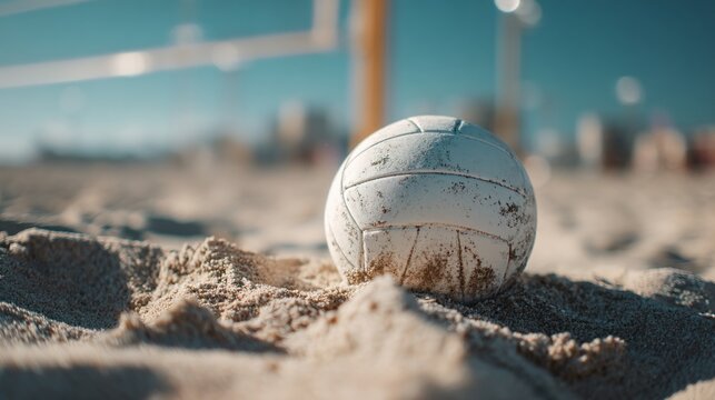 Shot of ball impression in the sand right after serve, volleyball lying next to it - Powered by Adobe