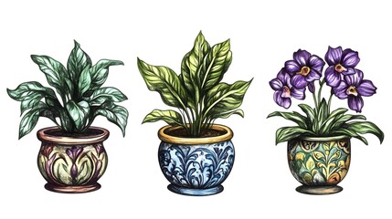 Obraz premium Charming Hand-Drawn Houseplants in Ornate Pots Adding Whimsical Flair to Home Decor