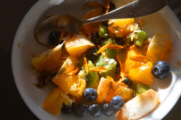 CLOSE UP FRESH FRUIT SALAD WITH BLUEBERRIES KIWI ORANGE EDIBLE CALENDULA MARIGOLD PETAL GARNISH