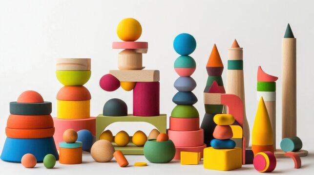 A colorful collection of eco-friendly kids' toys made from wood and biodegradable materials, natural and vibrant