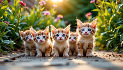 outdoor photography of adorable group of kittens looking down into the camera