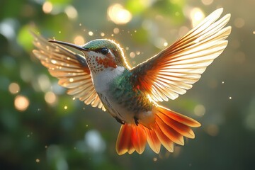 Obraz premium Vibrant hummingbird in mid-flight showcasing iridescent feathers during golden hour in a lush garden