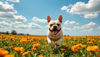 a french bulldog dog running through a field of marigolds