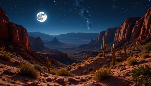 hyperreal landscape shot of a desert canyon under starry night, panoramic view