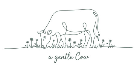 Single Line Drawing of a Gentle Cow Grazing in a Field of Flowers