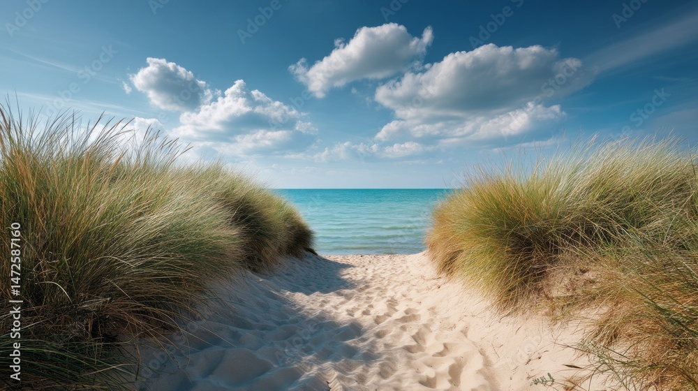 Poster a sandy path winds through lush dunes, leading to a tranquil beach and calm ocean. wispy clouds floa