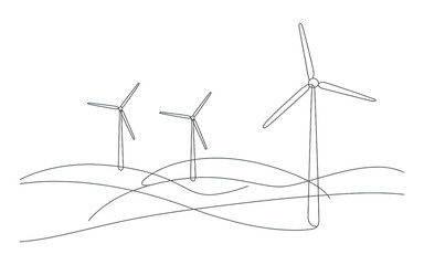 Three Wind Turbines on Rolling Hills Single Line Drawing Illustration