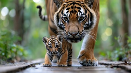 Obraz premium Mother Tiger & Cub Walking in Jungle