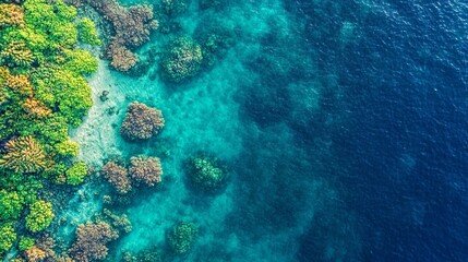 Fototapeta premium Aerial view of vibrant coral reef and lush tropical vegetation bordering turquoise water