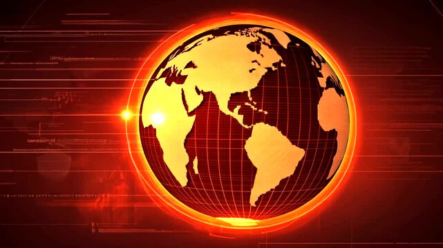 Luminous Earth with yellow continents (Americas, Africa, Europe) spinning on a dynamic red tech backdrop with grid lines