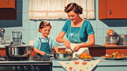 1950s kitchen scene. Happy mother and child cooking a meal. Vintage style illustration good for poster, wallpaper, promotion. Made with generative AI.