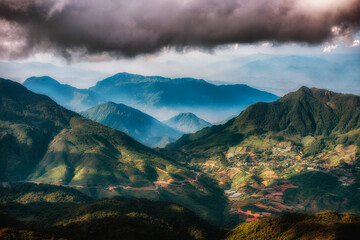 Sapa mountain under afternoon sunlight - View from Cable car - going down from Fansipan peak - Lao Cai, Vietnam