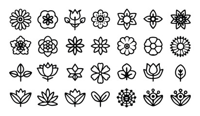 Assorted Flower Vector Icons, Monochrome Rose, Daisy, Blossom & Plant Set On A White Background