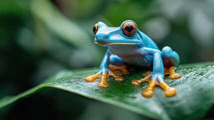 Vibrant Blue & Orange Frog on Green Leaf