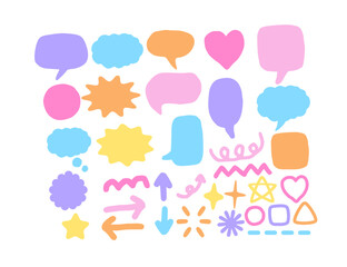 Set of hand drawn speech bubbles, shapes, lines, and arrows.Set of elements.Collection of banner.Pastel color stickers for decorating.Sign, symbol, icon or logo isolated.Vector illustration.