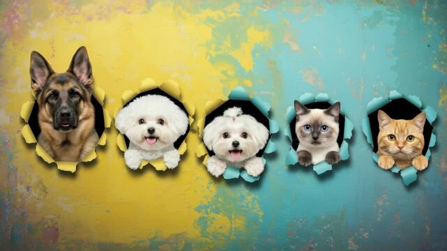 Playful Pets Peeking Through Holes in a Colorful Wall - Four adorable pets&mdash;a German Shepherd, two Bichon Frises