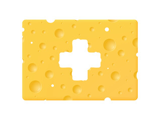 Switzerland flag in the shape of cheese on a white background. Bright yellow color and round holes enhance the aesthetics of the food