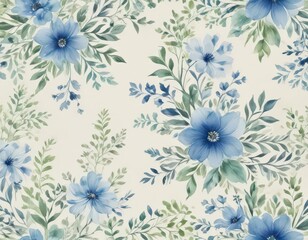 Fototapeta premium Delicate blue & green watercolor floral pattern on creamy white , nature, art, petal