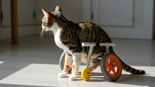 Tabby Cat in Wheelchair by Sunny Window - A cute tabby cat sits in a pet wheelchair, looking towards the left of the frame.  Sunlight streams across the light wood floor
