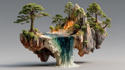 a floating mountain island with a digital waterfall made of cascading pixels 