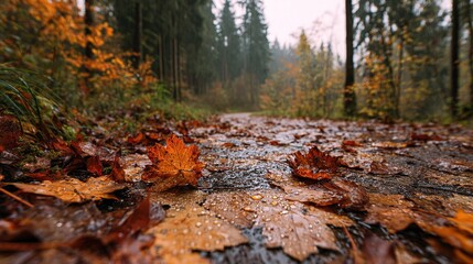 Wet Autumn Leaves on Forest Path Signifying Seasonal Change