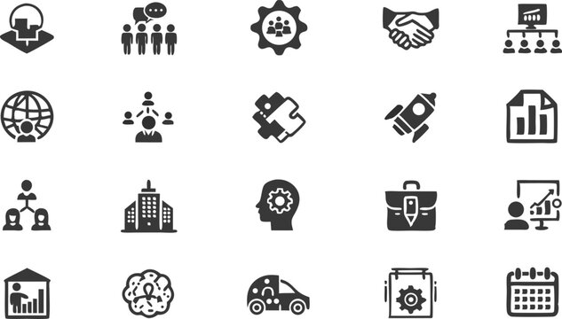 Business Icon Set: A comprehensive and professional array of business icons, perfectly suited for presentations, websites, or any design project requiring a touch of modern, clean graphics.