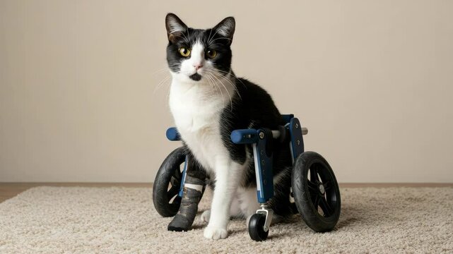 Tuxedo Cat in Wheelchair on Beige Carpet - A black and white tuxedo cat sits in a small, blue pet wheelchair on a beige carpet.  The cat appears calm and looks directly at the camera.