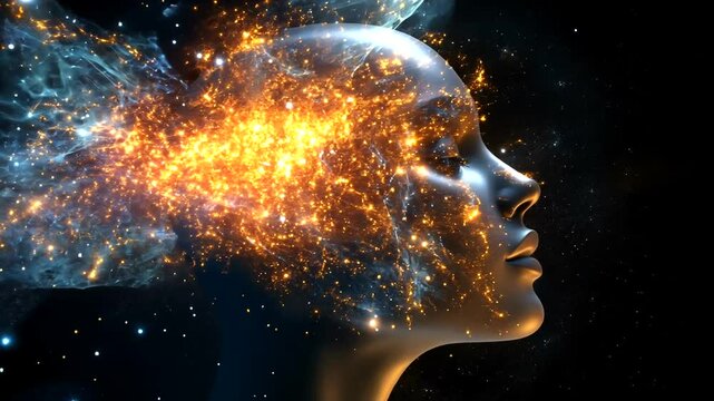 Humanoid head in profile, mind exploding with stars and nebulous light against a cosmic backdrop