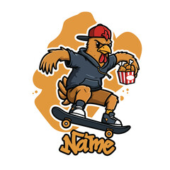 Cool Skater Chicken Mascot with Fried Chicken in Hand