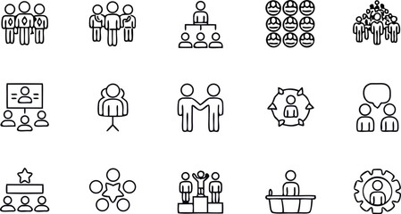 Teamwork Icon Set: A minimalist icon collection representing collaboration, unity, and business success, with clean lines and easily recognizable symbols. 
