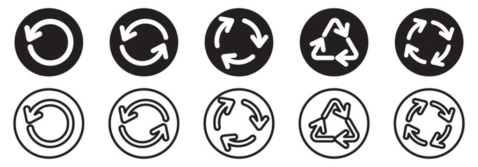 Circle arrow icon set, refresh, reload, rotation, reset, loop sign, recycle symbol, black isolated on white background, vector illustration.