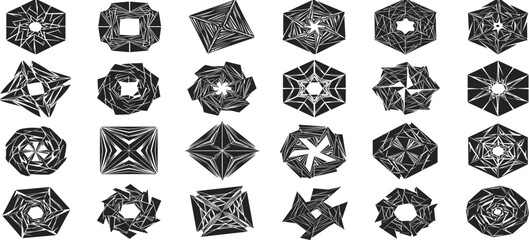 Postmodern abstract geometric graphic elements, Refraction and distortion glass effect various form, Brutalist vector shapes, trendy retro design symbols in Y2K aesthetics