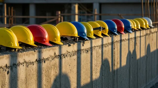 Construction Hard Hats on Concrete Wall - A row of colorful hard hats rests on a concrete wall at a construction site. The shadows of the hats are cast on the wall