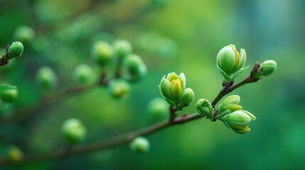 Fresh Spring Buds in a Lush Garden Setting with Green Tones