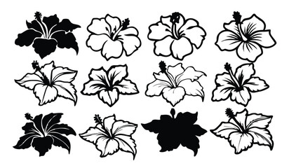 Set of Hibiscus Flowers, Line Art Drawing for Coloring Page & Decorative Design On A White Background