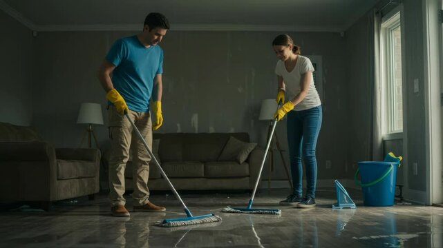 Couple Cleaning Up Flood Damage in Home - A man and woman wearing yellow gloves mop up water on their living room floor after a flood.  They are working together to clean up the damage to their home.