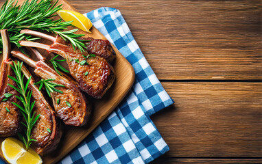 Grilled lamb chop with rosemary and lemon on wooden board with blue checkered cloth, delicious meal