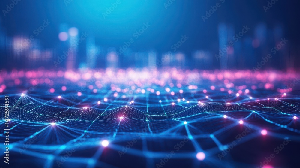 Poster digital tech roadmap for business progress. cityscape background with glowing lines representing dat
