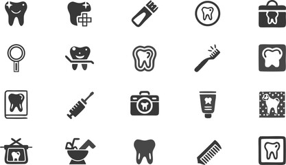 Dental Icon Set: A comprehensive set of 20 high-quality dental icons, featuring a variety of symbols and concepts related to dental care and hygiene, perfect for designing apps.