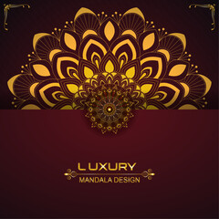 Traditional Floral Mandala Ornamental background design for decor, greeting, packaging, card, cover, decoration, stationary | Creative abstract Golden shape with dark red gradient background