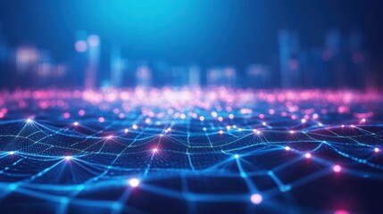 Digital tech roadmap for business progress. Cityscape background with glowing lines representing data flow. Modern tech integration. Organizational innovation visualized. Business modernization