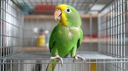 Obraz premium Green Parrot in Metal Cage, Bird, Pet
