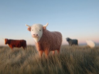 Obraz premium Fluffy highland cattle graze peacefully in a grassy field under a pastel sky, creating a serene rural scene.