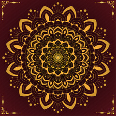 Mandala Pattern with Ornamental Symmetry | Creative Decorative Mandala Artwork with Golden Symmetrical Floral Details for Zen Art, Home Decor, Stationery, Card with blood red colour 