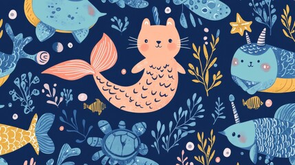 Fototapeta premium Mermaid seamless pattern. Narwhal and turtle, cartoon cat with fish tail. Cute sea creature, fabric print with beautiful mythical creatures, nowaday vector background illustration , no logos, no bran