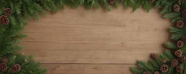 Lush fir branches and pine cones form a rustic Christmas border , yuletide, holiday