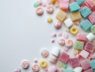 Colorful assorted candies arranged on a light background.