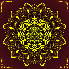 Mandala Pattern with Ornamental Symmetry | Creative Decorative Mandala Artwork with Symmetrical Floral Details for Zen Art, Home Decor, Stationery, Card with yellow, dark red colour 
