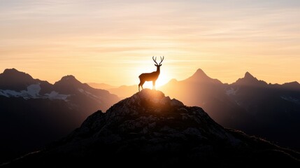 Majestic Deer Silhouette at Sunset, Mountain Peak